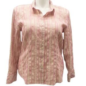 J. Jill Stretch Pink Crochet Trim Tan Cream Button Down Long Sleeve Shirt 1X